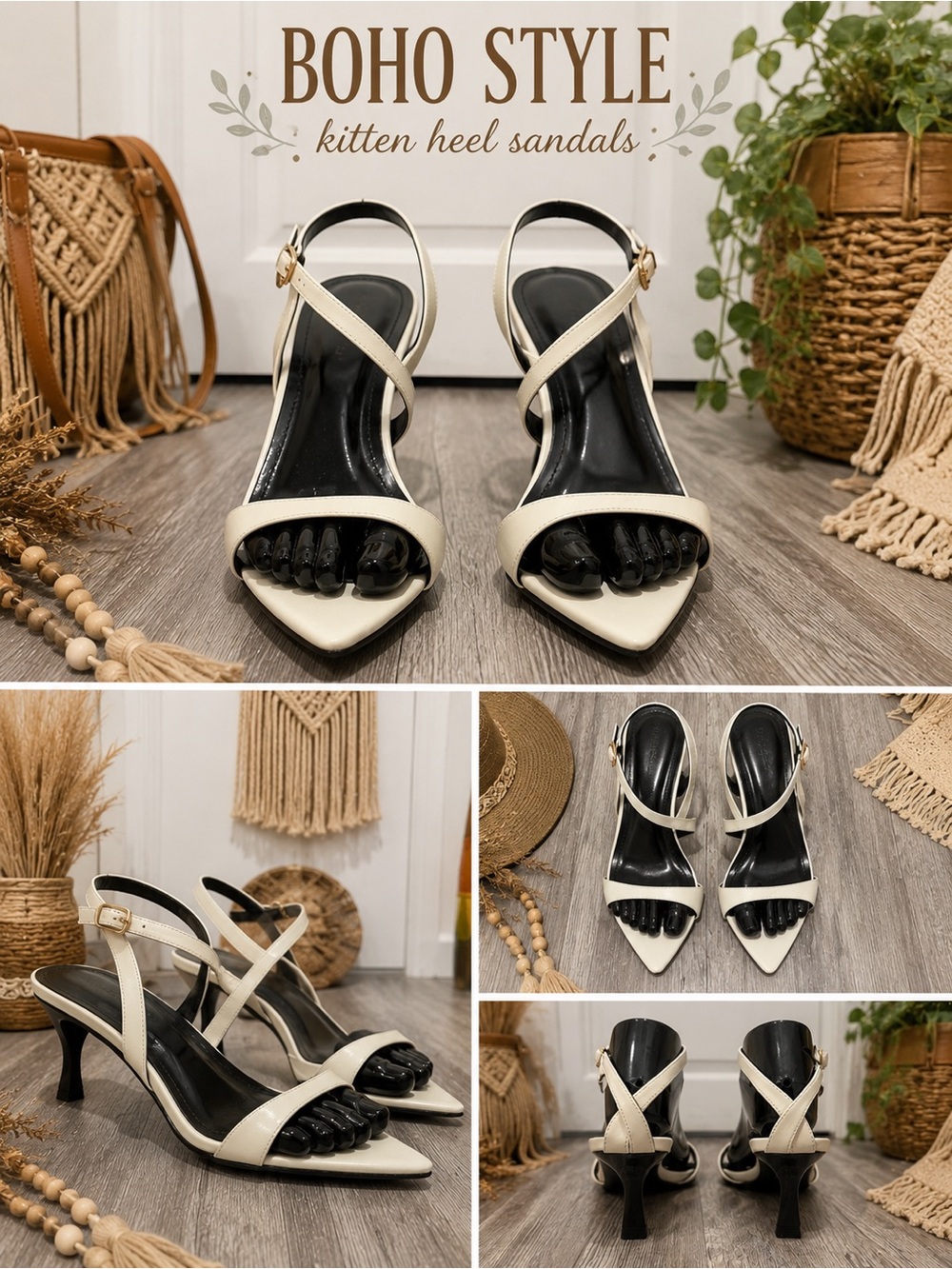 Women’s Cream Kitten Heel Sandals - Strappy Pointed Toe
